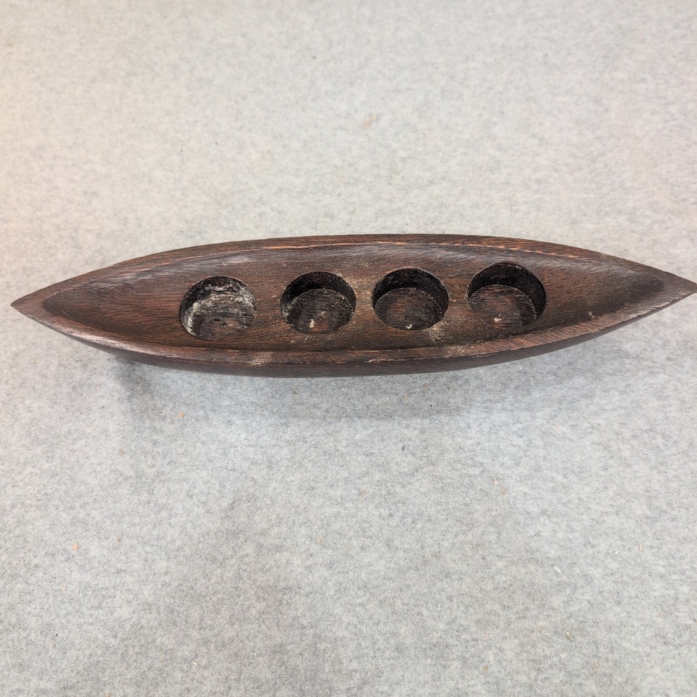 Hand Carved Wood Canoe Tea Light Candle Holder 4 Slot Boat Made in Thailand Dark - Picture 2 of 10